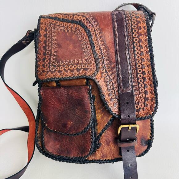 Mark Tigon Western Crossbody Bag‎ Tooled Leather Brown Equestrian Purse Distress - Picture 3 of 15